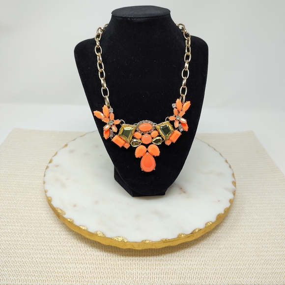 J. Crew neon coral orange rhinestone and brassy-gold chain mixed media necklace - Picture 9 of 10